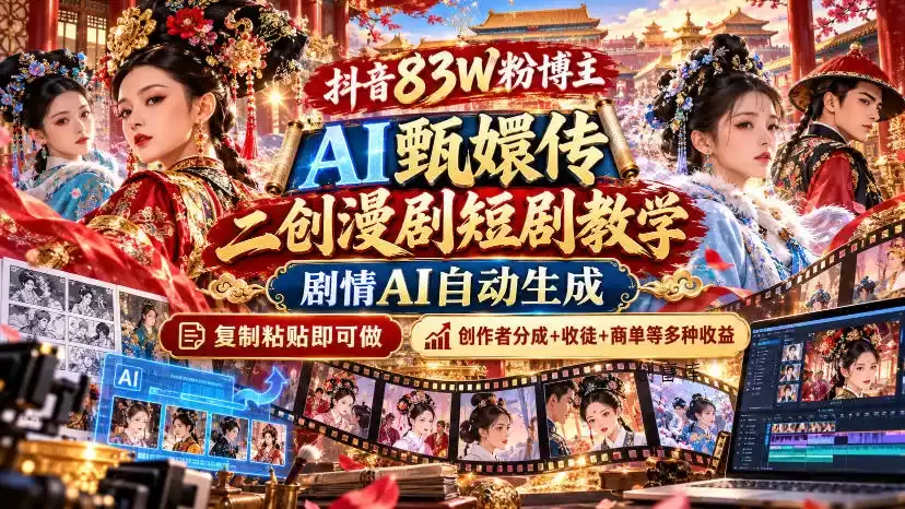 抖音83W粉博主AI甄嬛传二创漫剧短剧教学｜剧情AI自动生成，复制粘贴即可做，各大平台创作者分成+收徒等多种收益