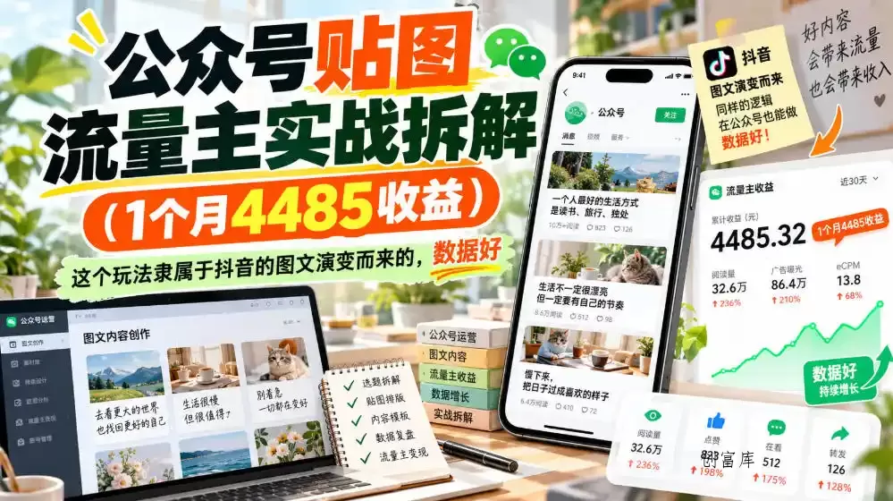公众号贴图流量主实战拆解(1个月4485收益),这个玩法隶属于抖音的图文演变而来的,数据好