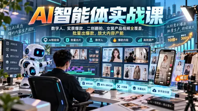 AI智能体实战课,数字人、实景爆款、二创翻拍、女装产品视频全覆盖,批量出爆款,放大内容产能