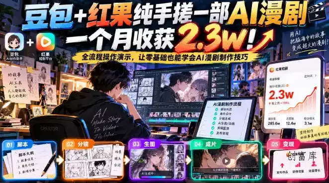 豆包+红果纯手搓一部AI漫剧一个月收获2.3w!全流程操作演示,让零基础也能学会AI漫剧制作技巧
